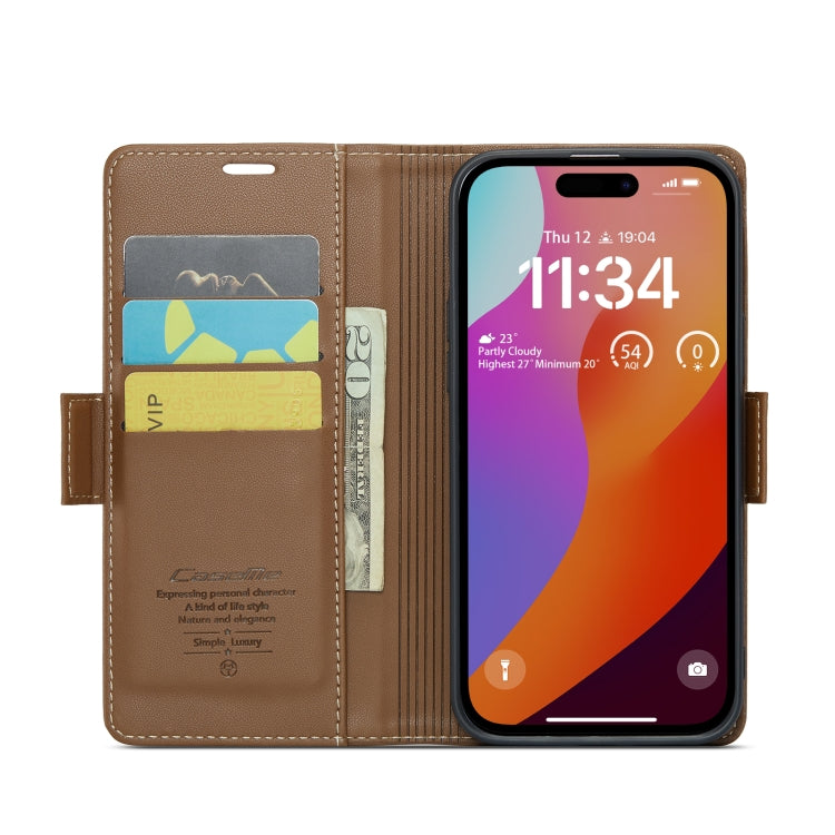 For iPhone 15 Pro Max CaseMe 023 Butterfly Buckle Litchi Texture RFID Anti-theft Leather Phone Case(Brown) - HoMEdemic™ 