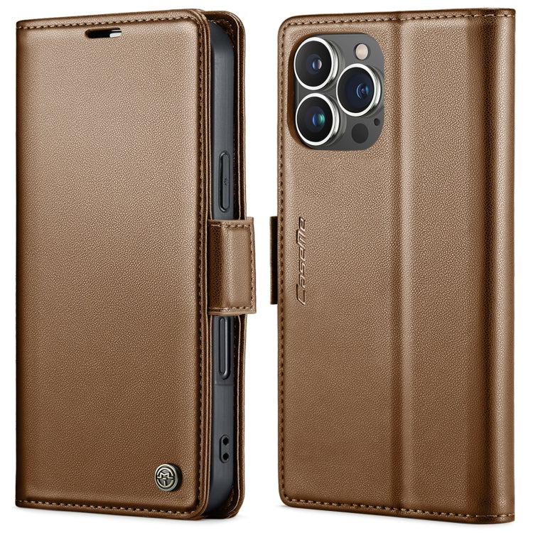 For iPhone 15 Pro Max CaseMe 023 Butterfly Buckle Litchi Texture RFID Anti-theft Leather Phone Case(Brown) - HoMEdemic™ 