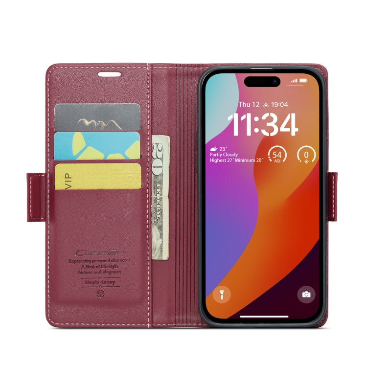 For iPhone 15 Pro Max CaseMe 023 Butterfly Buckle Litchi Texture RFID Anti-theft Leather Phone Case(Wine Red) - HoMEdemic™ 
