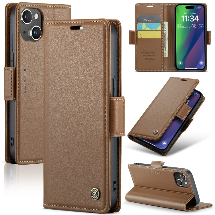 For iPhone 15 Plus CaseMe 023 Butterfly Buckle Litchi Texture RFID Anti-theft Leather Phone Case(Brown) - HoMEdemic™ 