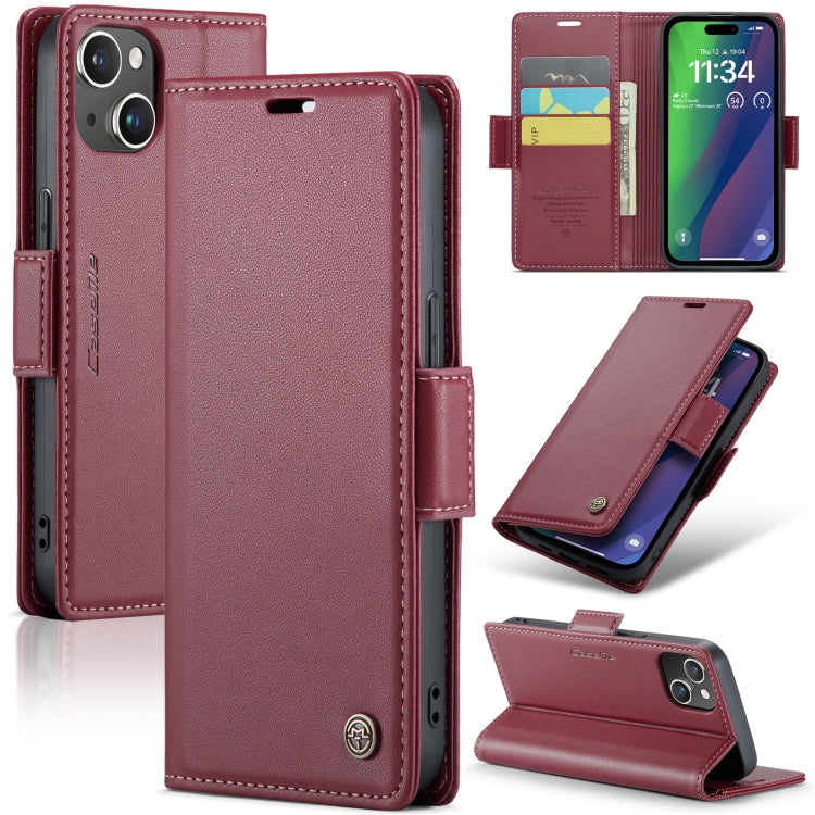 For iPhone 15 Plus CaseMe 023 Butterfly Buckle Litchi Texture RFID Anti-theft Leather Phone Case(Wine Red) - HoMEdemic™ 