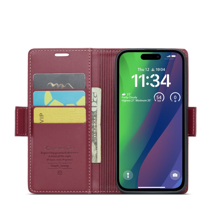 For iPhone 15 Plus CaseMe 023 Butterfly Buckle Litchi Texture RFID Anti-theft Leather Phone Case(Wine Red) - HoMEdemic™ 