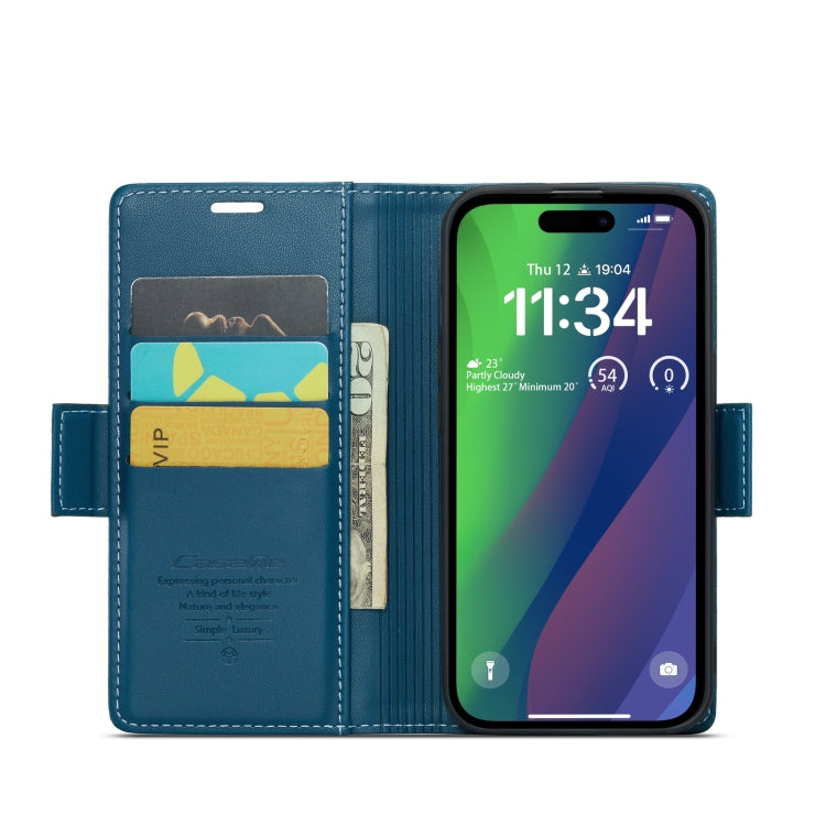 For iPhone 15 Plus CaseMe 023 Butterfly Buckle Litchi Texture RFID Anti-theft Leather Phone Case(Blue) - HoMEdemic™ 