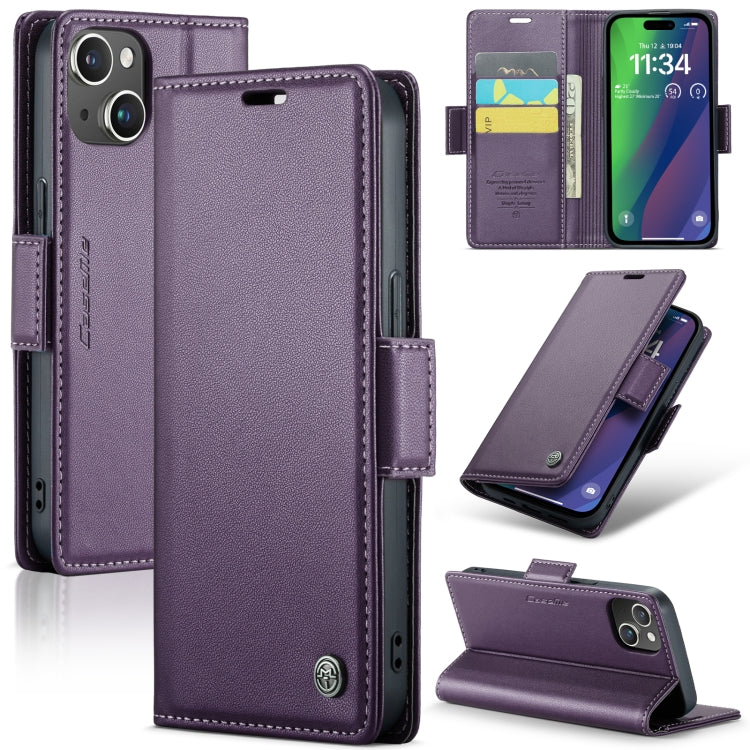 For iPhone 15 Plus CaseMe 023 Butterfly Buckle Litchi Texture RFID Anti-theft Leather Phone Case(Pearly Purple) - HoMEdemic™ 