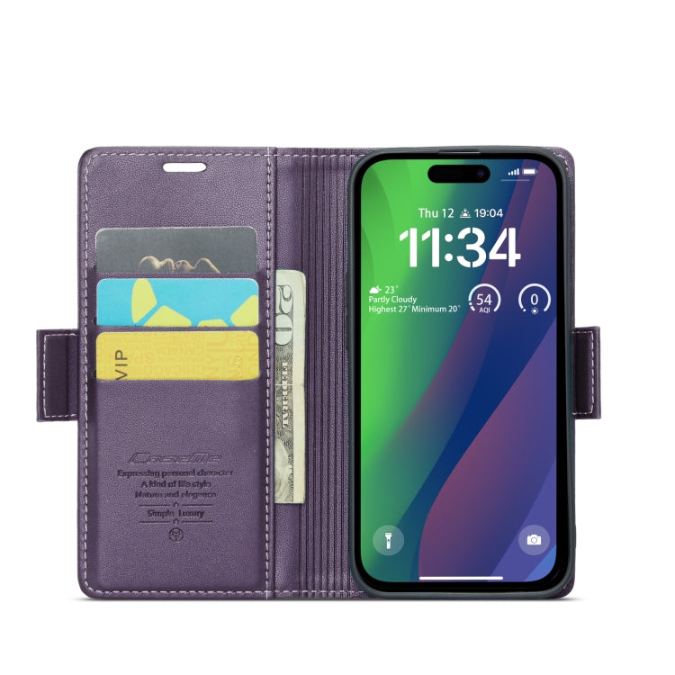 For iPhone 15 Plus CaseMe 023 Butterfly Buckle Litchi Texture RFID Anti-theft Leather Phone Case(Pearly Purple) - HoMEdemic™ 