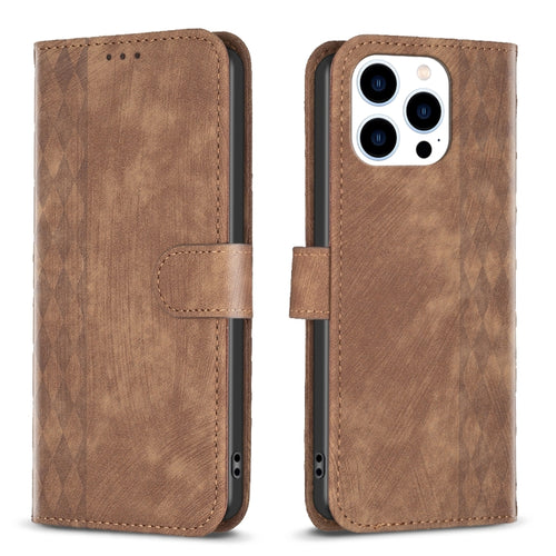 For iPhone 15 Pro Max Plaid Embossed Leather Phone Case(Brown) - HoMEdemic™ 