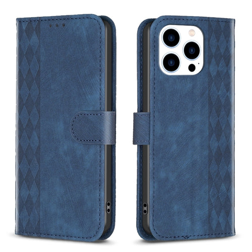 For iPhone 15 Pro Max Plaid Embossed Leather Phone Case(Blue) - HoMEdemic™ 