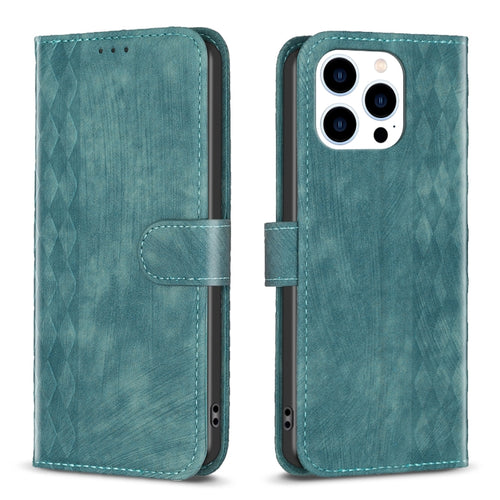 For iPhone 15 Pro Max Plaid Embossed Leather Phone Case(Green) - HoMEdemic™ 