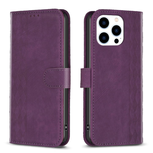 For iPhone 15 Pro Max Plaid Embossed Leather Phone Case(Purple) - HoMEdemic™ 