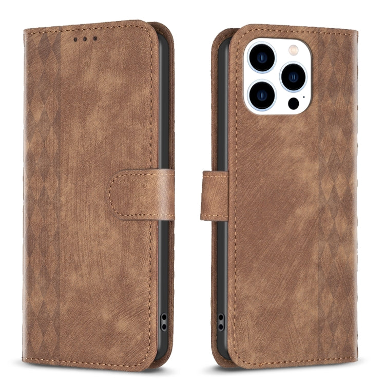 For iPhone 15 Pro Plaid Embossed Leather Phone Case(Brown) - HoMEdemic™ 