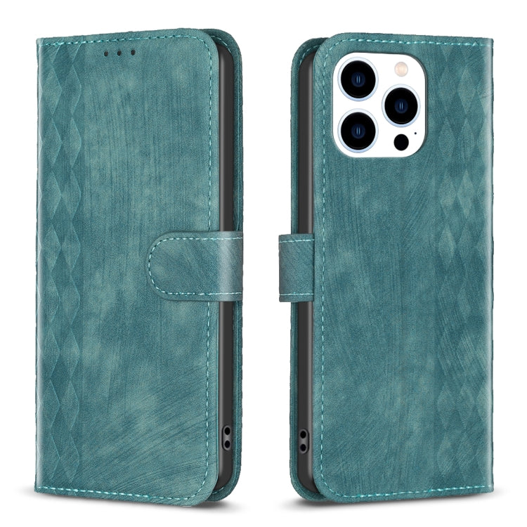 For iPhone 15 Pro Plaid Embossed Leather Phone Case(Green) - HoMEdemic™ 