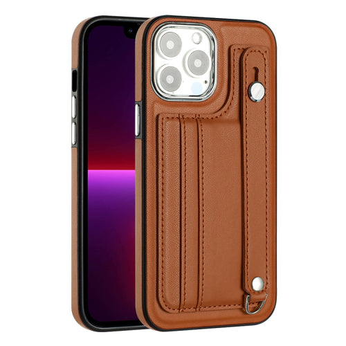 For iPhone 15 Pro Max Shockproof Leather Phone Case with Wrist Strap(Brown) - HoMEdemic™ 