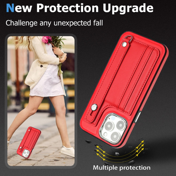 For iPhone 15 Pro Shockproof Leather Phone Case with Wrist Strap(Red) - HoMEdemic™ 