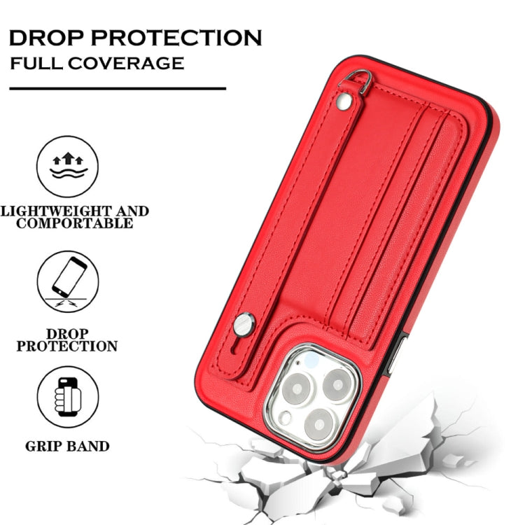 For iPhone 15 Pro Shockproof Leather Phone Case with Wrist Strap(Red) - HoMEdemic™ 