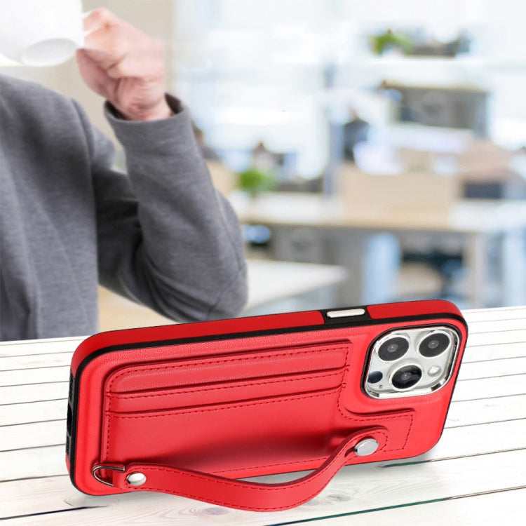 For iPhone 15 Pro Shockproof Leather Phone Case with Wrist Strap(Red) - HoMEdemic™ 