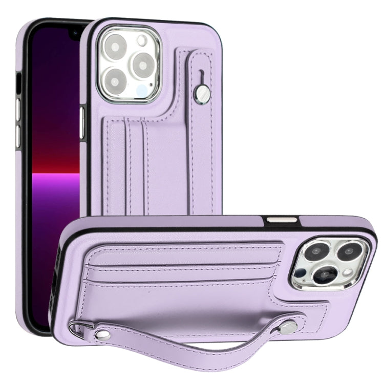 For iPhone 15 Pro Shockproof Leather Phone Case with Wrist Strap(Purple) - HoMEdemic™ 