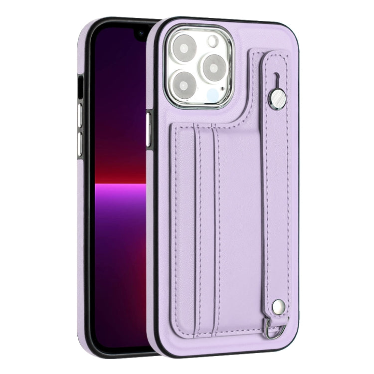 For iPhone 15 Pro Shockproof Leather Phone Case with Wrist Strap(Purple) - HoMEdemic™ 
