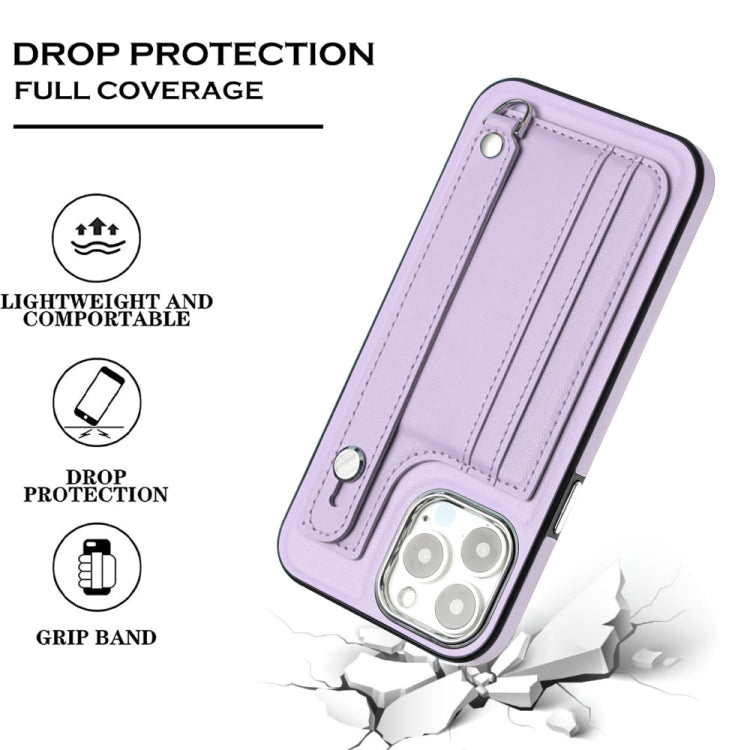 For iPhone 15 Pro Shockproof Leather Phone Case with Wrist Strap(Purple) - HoMEdemic™ 