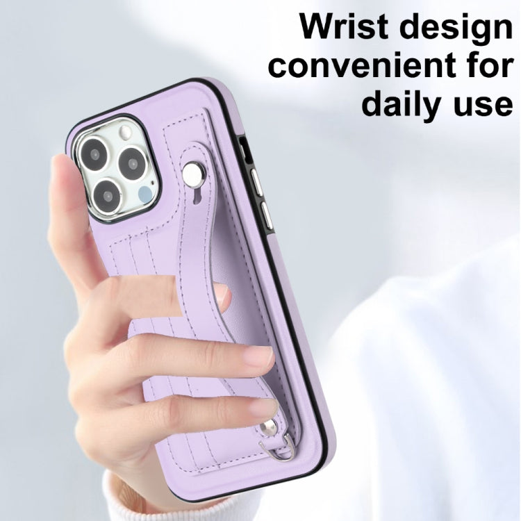For iPhone 15 Pro Shockproof Leather Phone Case with Wrist Strap(Purple) - HoMEdemic™ 