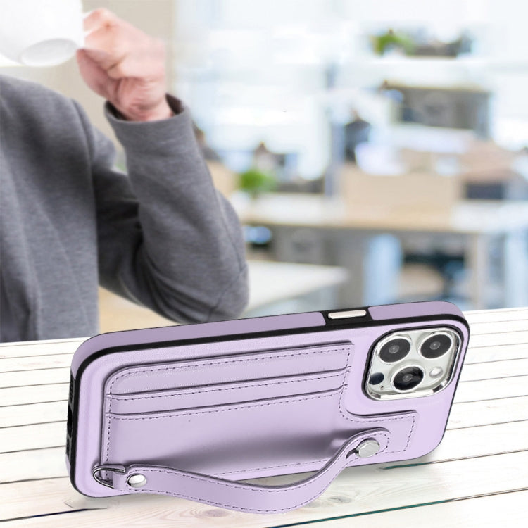 For iPhone 15 Pro Shockproof Leather Phone Case with Wrist Strap(Purple) - HoMEdemic™ 