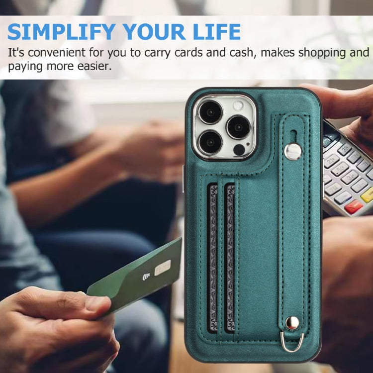 For iPhone 15 Pro Shockproof Leather Phone Case with Wrist Strap(Green) - HoMEdemic™ 