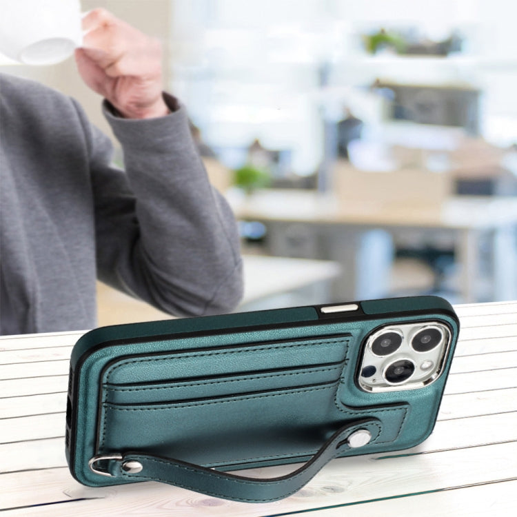 For iPhone 15 Pro Shockproof Leather Phone Case with Wrist Strap(Green) - HoMEdemic™ 