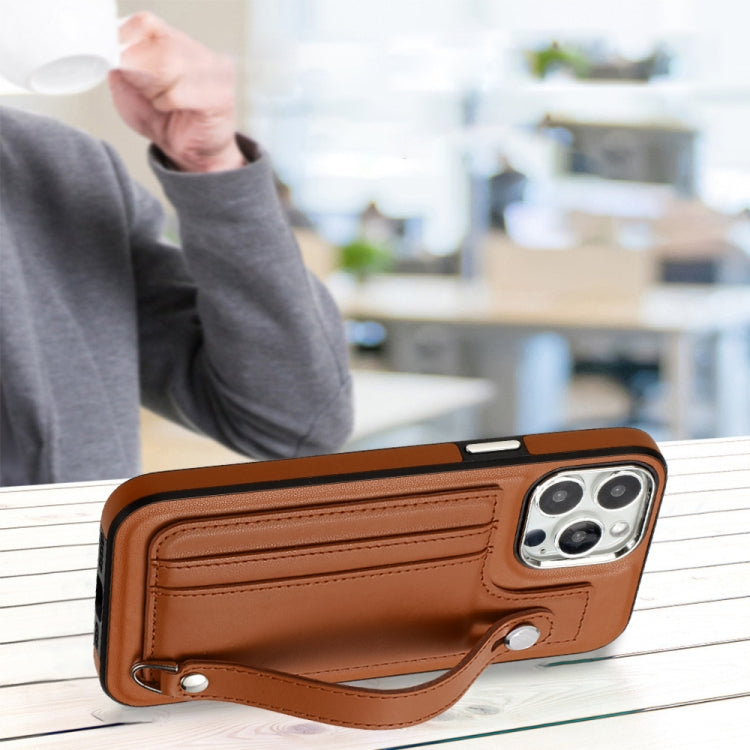 For iPhone 15 Pro Shockproof Leather Phone Case with Wrist Strap(Brown) - HoMEdemic™ 