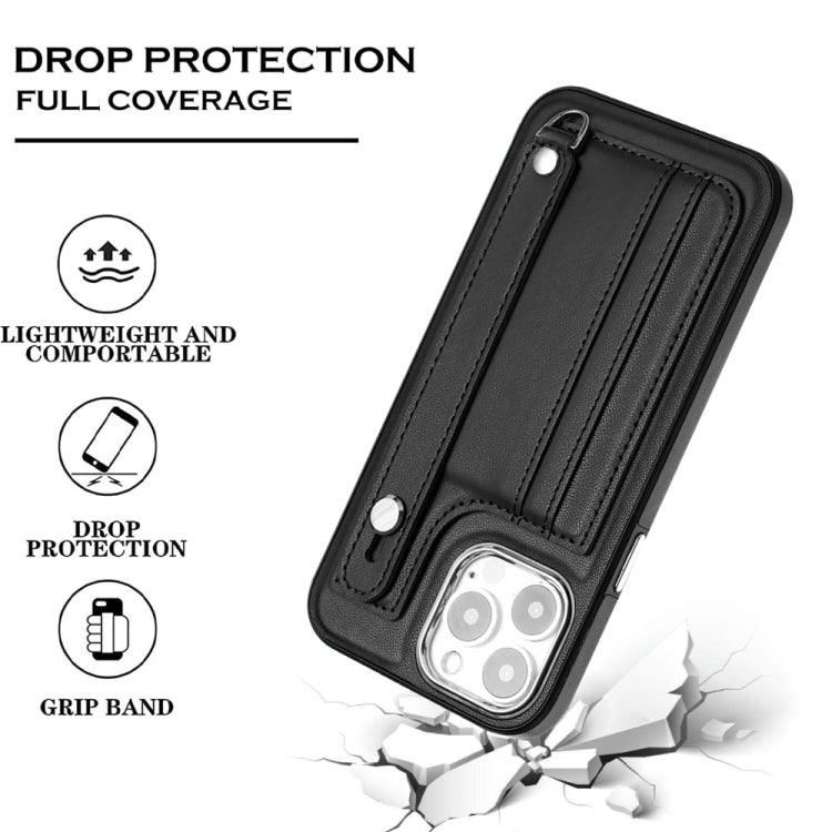For iPhone 15 Pro Shockproof Leather Phone Case with Wrist Strap(Black) - HoMEdemic™ 