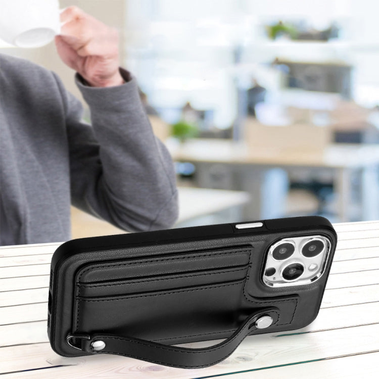 For iPhone 15 Pro Shockproof Leather Phone Case with Wrist Strap(Black) - HoMEdemic™ 