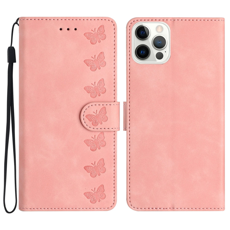 For iPhone 15 Pro Max Seven Butterflies Embossed Leather Phone Case(Pink) - HoMEdemic™ 