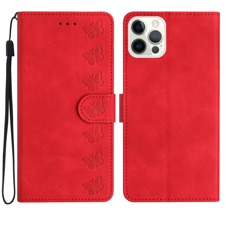 For iPhone 15 Pro Max Seven Butterflies Embossed Leather Phone Case(Red) - HoMEdemic™ 