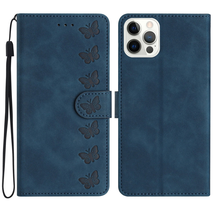 For iPhone 15 Pro Seven Butterflies Embossed Leather Phone Case(Blue) - HoMEdemic™ 