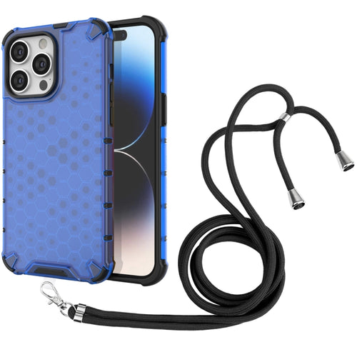 For iPhone 15 Pro Max Lanyard Honeycomb Phone Case(Blue) - HoMEdemic™ 