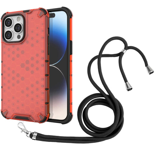 For iPhone 15 Pro Max Lanyard Honeycomb Phone Case(Red) - HoMEdemic™ 