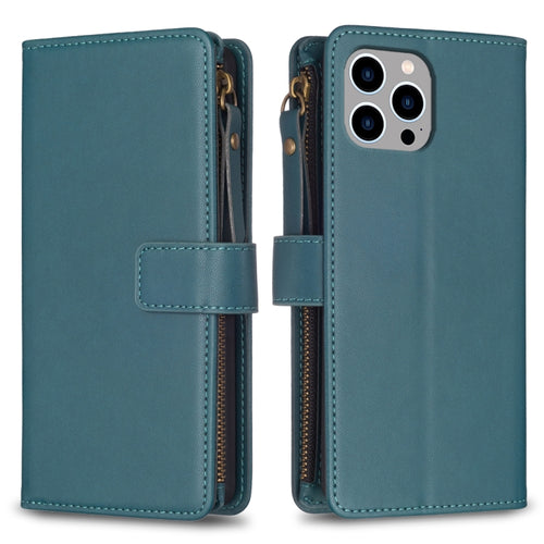 For iPhone 15 Pro Max 9 Card Slots Zipper Wallet Leather Flip Phone Case(Green) - HoMEdemic™ 