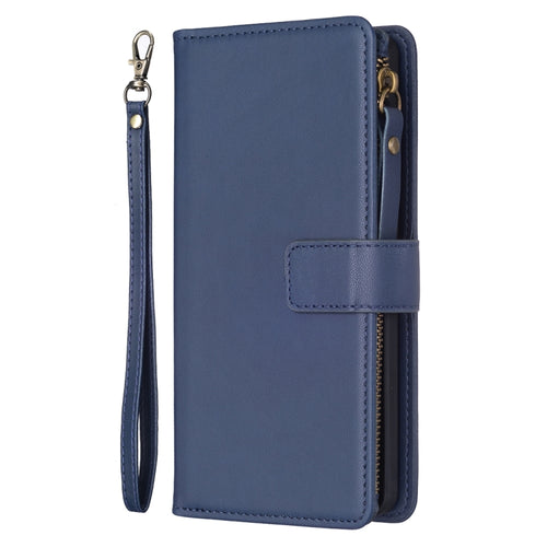 For iPhone 15 Pro Max 9 Card Slots Zipper Wallet Leather Flip Phone Case(Blue) - HoMEdemic™ 