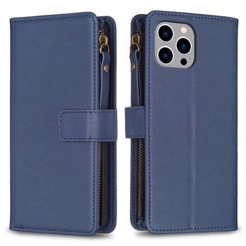 For iPhone 15 Pro Max 9 Card Slots Zipper Wallet Leather Flip Phone Case(Blue) - HoMEdemic™ 