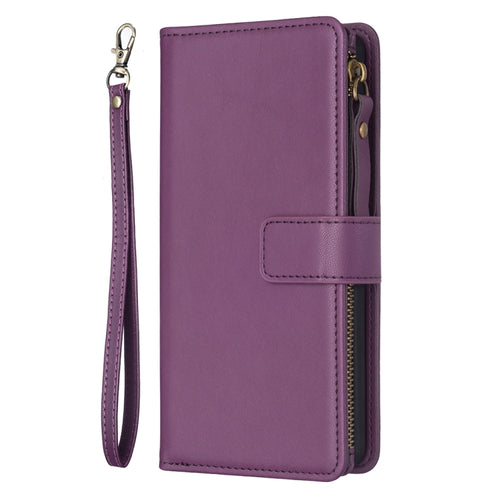 For iPhone 15 Pro Max 9 Card Slots Zipper Wallet Leather Flip Phone Case(Dark Purple) - HoMEdemic™ 