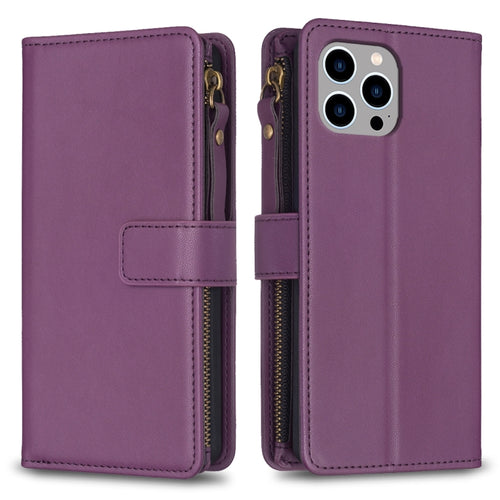 For iPhone 15 Pro Max 9 Card Slots Zipper Wallet Leather Flip Phone Case(Dark Purple) - HoMEdemic™ 