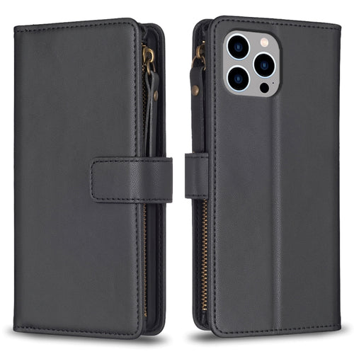 For iPhone 15 Pro Max 9 Card Slots Zipper Wallet Leather Flip Phone Case(Black) - HoMEdemic™ 