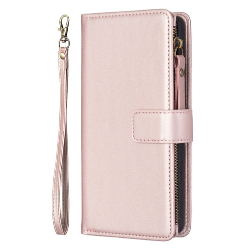 For iPhone 15 Pro Max 9 Card Slots Zipper Wallet Leather Flip Phone Case(Rose Gold) - HoMEdemic™ 