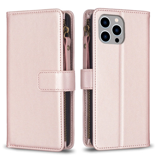 For iPhone 15 Pro Max 9 Card Slots Zipper Wallet Leather Flip Phone Case(Rose Gold) - HoMEdemic™ 