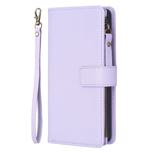 For iPhone 15 Pro Max 9 Card Slots Zipper Wallet Leather Flip Phone Case(Light Purple) - HoMEdemic™ 