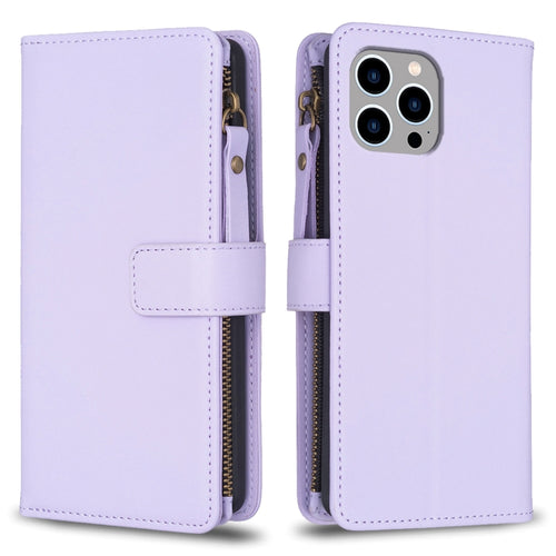 For iPhone 15 Pro Max 9 Card Slots Zipper Wallet Leather Flip Phone Case(Light Purple) - HoMEdemic™ 