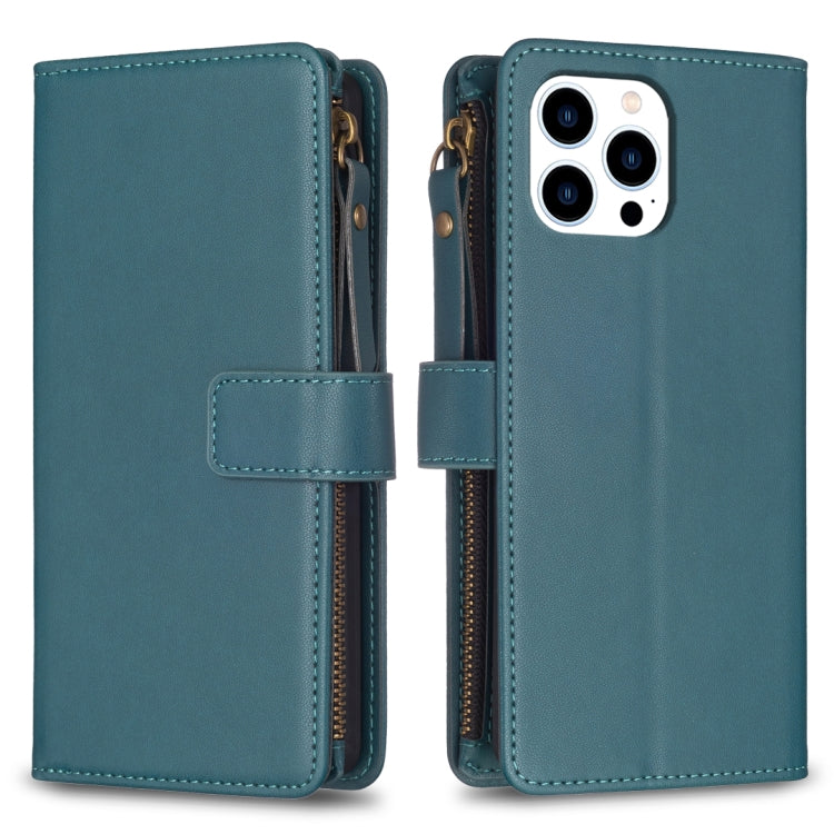 For iPhone 15 Pro 9 Card Slots Zipper Wallet Leather Flip Phone Case(Green) - HoMEdemic™ 