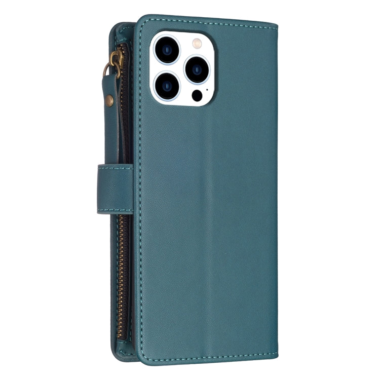 For iPhone 15 Pro 9 Card Slots Zipper Wallet Leather Flip Phone Case(Green) - HoMEdemic™ 