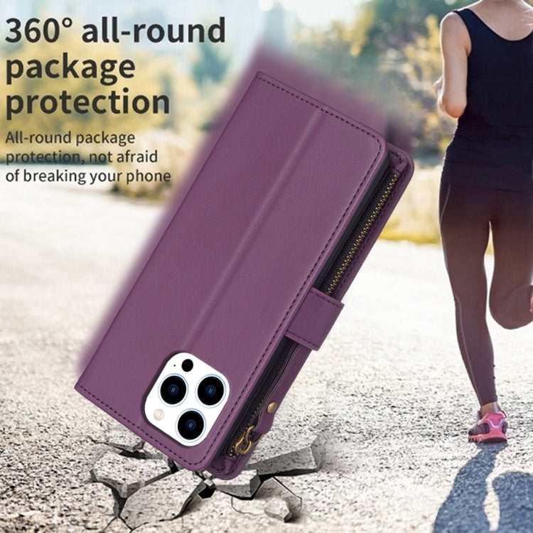 For iPhone 15 Pro 9 Card Slots Zipper Wallet Leather Flip Phone Case(Dark Purple) - HoMEdemic™ 