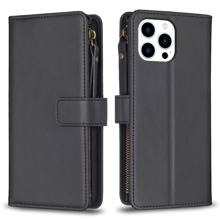 For iPhone 15 Pro 9 Card Slots Zipper Wallet Leather Flip Phone Case(Black) - HoMEdemic™ 