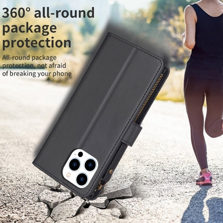 For iPhone 15 Pro 9 Card Slots Zipper Wallet Leather Flip Phone Case(Black) - HoMEdemic™ 
