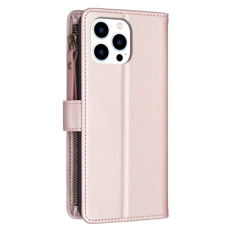 For iPhone 15 Pro 9 Card Slots Zipper Wallet Leather Flip Phone Case(Rose Gold) - HoMEdemic™ 